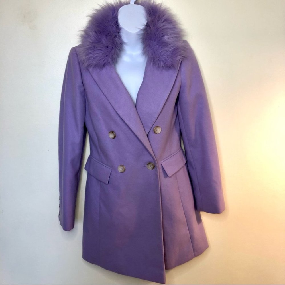 Purple Double-Breasted Women's Coat with Faux Fur Collar